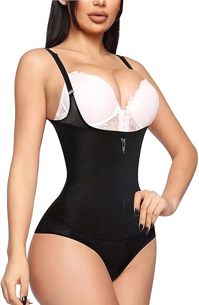 Gotoly Open Bust Bodysuit Women Latex Waist Trainer Compression Tummy Control Body Shaper Slim Zipper Hook Shapewear Waist Trainer Corset, L, Black