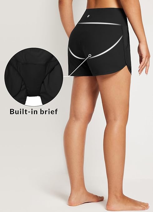 BALEAF Swim Shorts Womens Tummy Control High Waisted Swimming Board Shorts with Pockets Liner Quick Dry 3'' UPF 50+