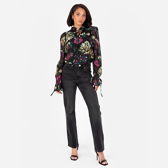Lovedrobe Women's Tie-Neck Blouse Ladies Smart-Casual Top Long Sleeve Ruffle Cuffs Floral Print Keyhole Bow Tie Detail Office Wear, Multi, 18