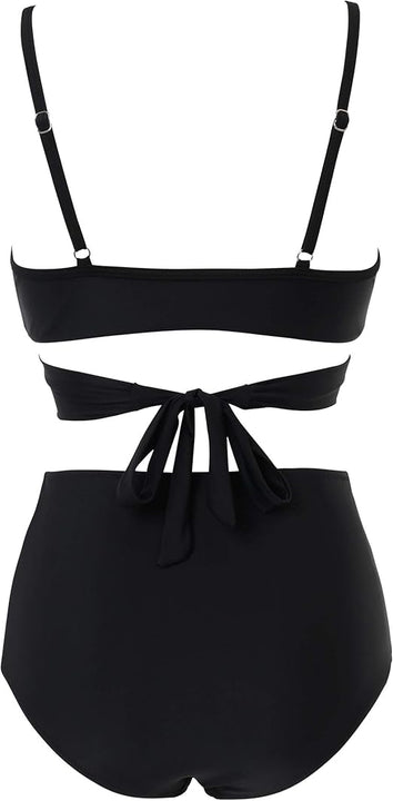 DOULAFASS High Waisted Bikini Set Push Up Bikini Top Tummy Control Bikini Padded 2 Piece Bikini Black, M