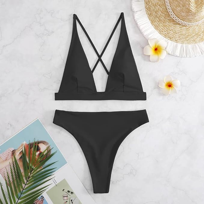 Fatty Tiger Womens High Waisted Thong Bikini Sets Sexy Brazilian Triangle Top Deep V Neck Two Piece Swimsuit Bathing Suits, Black, Medium