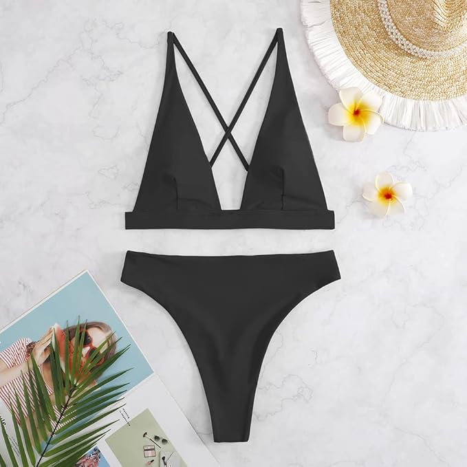 Fatty Tiger Womens High Waisted Thong Bikini Sets Sexy Brazilian Triangle Top Deep V Neck Two Piece Swimsuit Bathing Suits, Black, Small