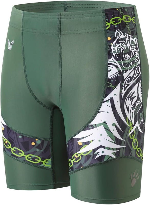 HUGE SPORTS Men's Splice Swimming Shorts Compression Jammer Long Wild Series, Bear Green, XXL