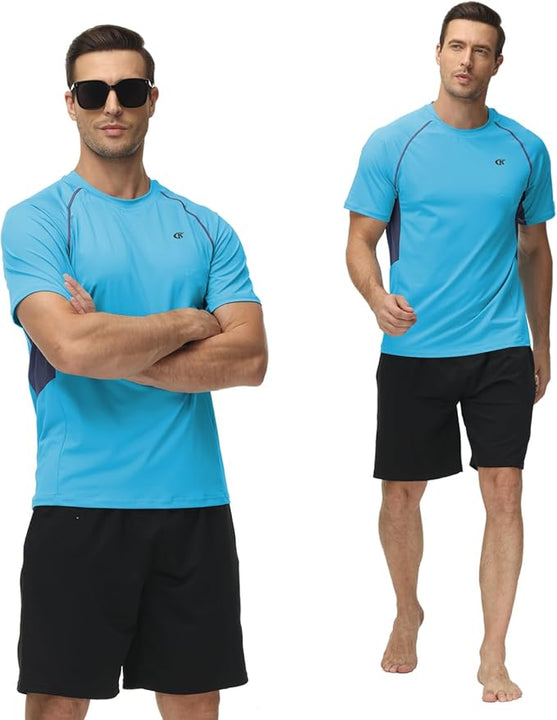 Huayuzh Mens Swimming Shirts Short Sleeve Watersport Rash Guards Rashguard UPF 50+ Quick Drying T-Shirts Surfing Pool Beach Top Blue 3XL