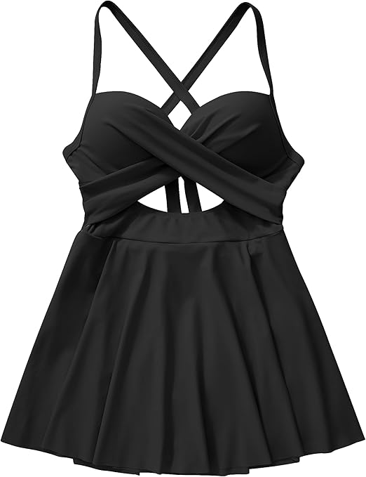 DOULAFASS Women Cut Out Swimming Costume with Skirt V Neck Wrap Tie Back Tummy Control Swimsuit Padded One Piece Swimwear Swim Dress Black