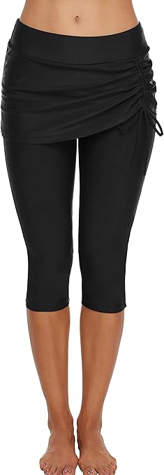 ECUPPER Women's Mid Waist Swimming Capris Shorts Knee Length Swim Leggings Bottom Pants Black XL