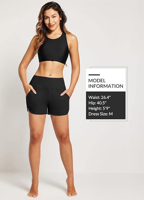 baleaf Swim Shorts Womens Tummy Control High Waisted Swimming Board Shorts with Pockets Liner Quick Dry 3'' UPF 50+ Black M