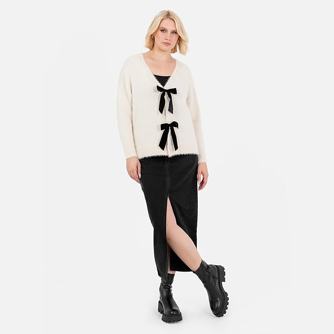 Lovedrobe Women's Cardigan Ladies Long Sleeve Pearl Embellished Velvet Bow Knitwear Smart Casual Office Wear Popper Buttons, Cream 12-14