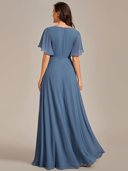 Ever-Pretty Women's Chiffon V Neck Short Sleeves Appliques Bridesmaid Dressses Evening Dresses Dusty Navy 22UK