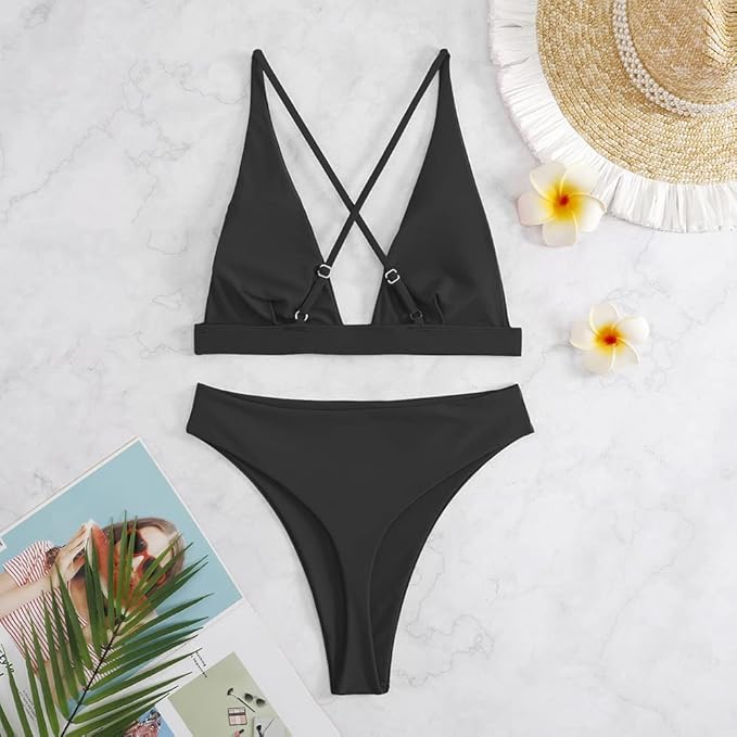 Fatty Tiger Womens High Waisted Thong Bikini Sets Sexy Brazilian Triangle Top Deep V Neck Two Piece Swimsuit Bathing Suits, Black, Small