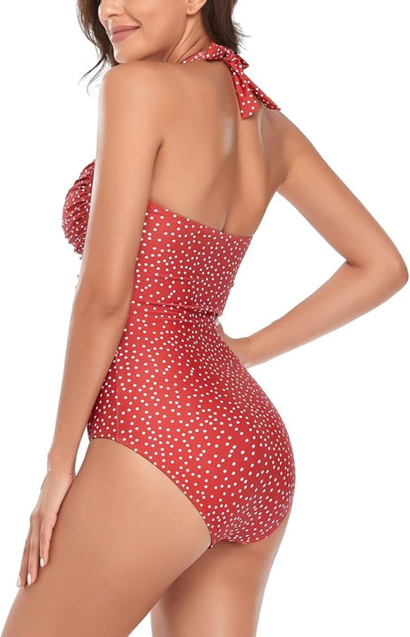 Smismivo Tummy Control Swimwear One Piece Modest Swimming Costume Women Ladies Full Body Vintage Retro Halter Neck Swimsuit Plus Size Push Up Padded Bathing Suit Red Polka Dot, L