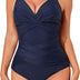 Smismivo Tummy Control Swimsuits for Women Slimming One Piece Bathing Suit Modest Padded Ruched Push Up Long Torso Curvy Shapewear V Neck Criss Cross Swimming Suits Full Coverage Swimwear (Navy Blue) XL