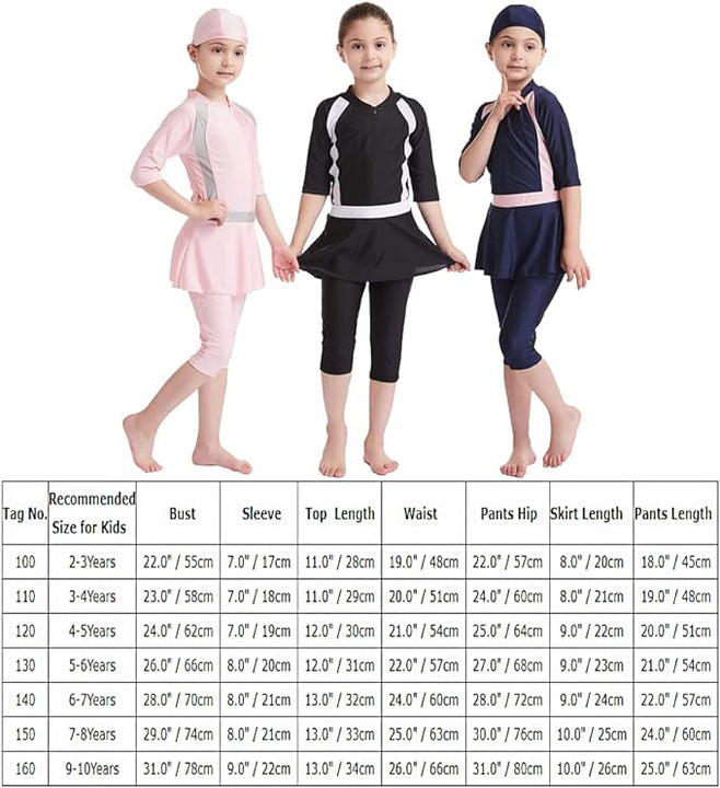 Girls' Modest Muslim Swimwear UPF 50+ UV Islamic Hijab Swimsuit Long Sleeve Top Shirt with Shorts Swimming Cap 3-Piece Swimsuit Beach Wear, Navy Blue 1, 9-10 Years