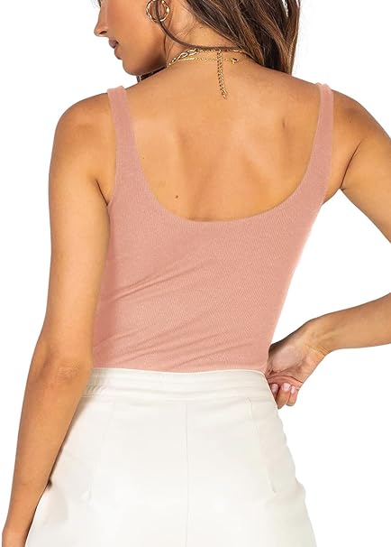 REORIA Women Sexy Fashion Square Neck Sleeveless Underbust Detailing Ribbed Knit One Piece Slimming Tank Thong Bodysuits Tops Leotards for Going Out Pink Small