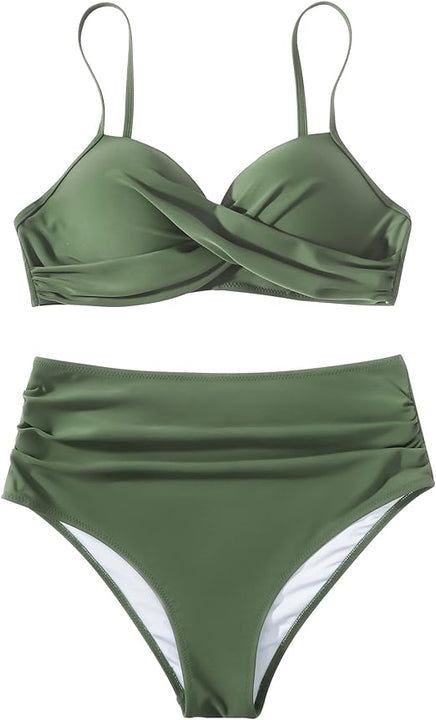 DOULAFASS Women Vintage Push Up High Waisted Swimsuit Two Pieces Ruched Bikini