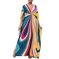Bsubseach Plus Size Kaftan Dresses for Women Print Swim Cover Up Batwing Sleeve Caftans Casual Vacation Outfits Mix Colours