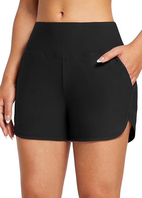 baleaf Swim Shorts Womens Tummy Control High Waisted Swimming Board Shorts with Pockets Liner Quick Dry 3'' UPF 50+ Black M