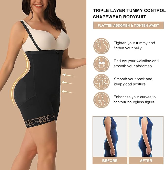 FeelinGirl Shapewear Tummy Control Body Shaper for Women Fajas Full Body Shaper with Zipper Plus size, Black, 5XL