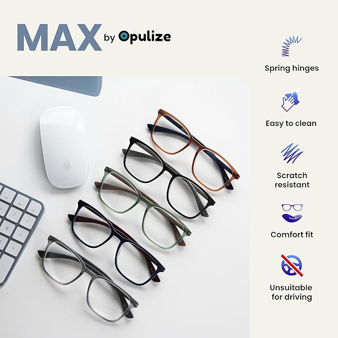 Opulize Max Reading Glasses 5 Pack - Classic Large Rectangular Frame - Matt Black Brown Blue Green Grey - Men's Women's - Spring Hinges - RRRRR78-12367 - +3.50