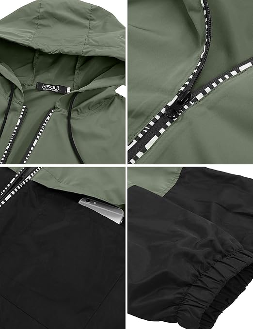FISOUL Men/Women Rain Jacket Hooded Lightweight Windbreaker Jacket Outdoor Packable Waterproof Raincoat(Green,X-Large)
