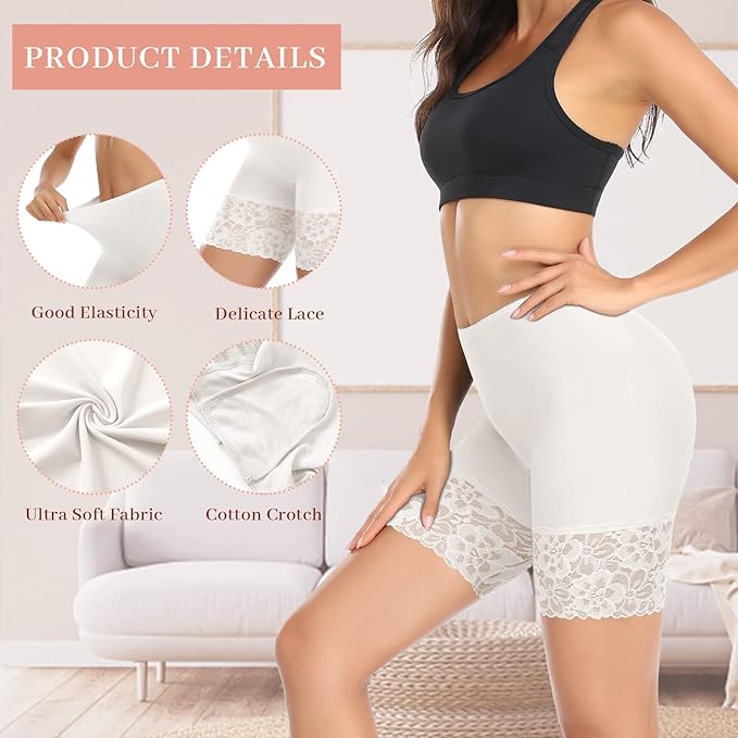 YARRCO Lace Anti Chafing Shorts for Women Chub Rub Shorts Seamless Slip Shorts for Under Dresses Boyshorts Safety Shorts Underwear (White (Long),XXL)