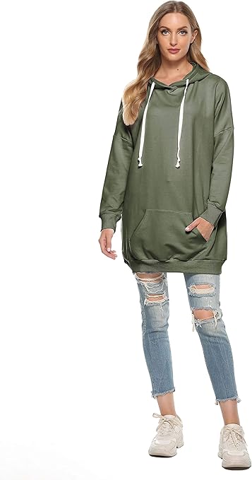 Famulily Womens Hoodies Casual Oversized Plain Long Hooded Sweatshirt Tunic Tops with Pockets Army Green M