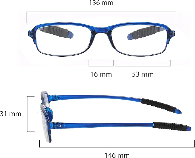 NRDIK PROFLEX SpareSpecs Reading Glasses (value 3 pack) - lightweight impact resistant, scratch resistant, bendy, flexible, anti-slip, unisex (mens + womens) (blue, black, grey; oval; +4.0)