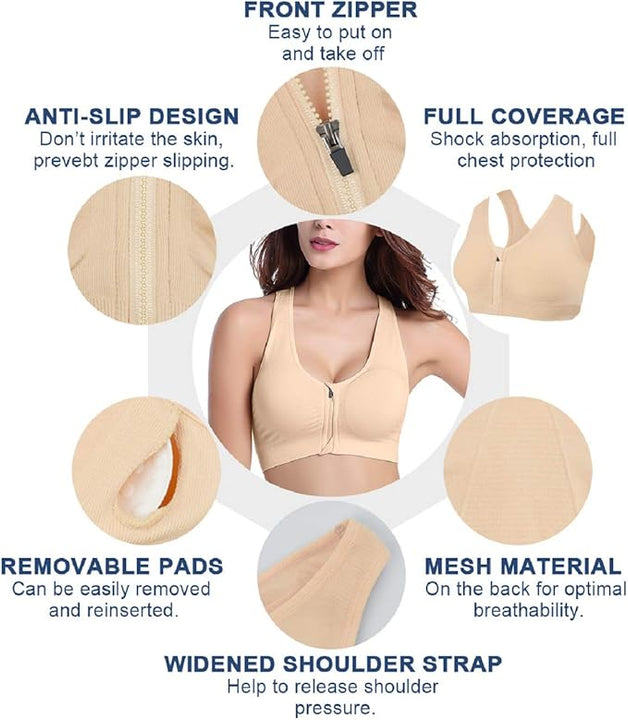 Tuopuda Women's Sports Bra Zip Front Comfy Post Surgery Bra High Impact Wireless Sports Running Bra Cross Back Support Bra with Removable Pads Yoga Bra for Workout Fitness, L