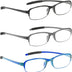 NRDIK PROFLEX SpareSpecs Reading Glasses (value 3 pack) - lightweight impact resistant, scratch resistant, bendy, flexible, anti-slip, unisex (mens + womens) (blue, black, grey; oval; +4.0)