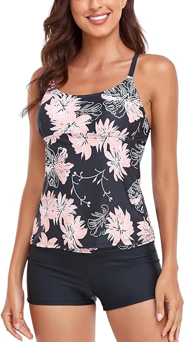 Sixyotie Women’s Swimwear Gradient Color Tankini Set Top with Shorts Low Waist Sporty Swimsuit Bikini (Smalldaisy,2XL)
