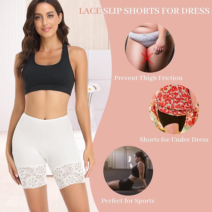 YARRCO Lace Anti Chafing Shorts for Women Chub Rub Shorts Seamless Slip Shorts for Under Dresses Boyshorts Safety Shorts Underwear (White (Long),XXL)