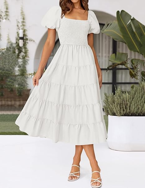 ZESICA Women's Summer Square Neck Short Puff Sleeve Solid Color High Waist Casual Smocked Flowy A Line Tiered Midi Dress, White, M