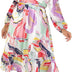 Lovedrobe Women's Plus Size Ladies Long Sleeve Maxi Dress Abstract Print Bishop Back Hole V-Neckline Faux Wrap Tie Belt Size 18