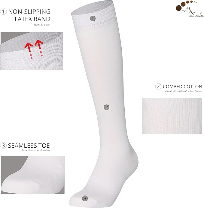 Mysocks Knee High Socks Men Womens Girls Cotton Seamless Toe White Long Socks Knee Length Knee Socks White,8-11