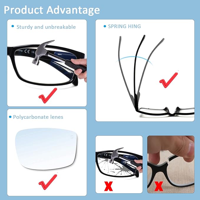 Kerecsen 6 Pack Mens Reading Glasses Blue Light Blocking Black Computer Readers with Spring Hinges (6 Black, 1.75, multiplier_x)