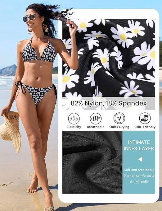UMIPUBO Women's Bikini Set Sexy Two Piece Swimsuit Triangle Low Waisted Bikini Halter Lace-Up Tie Side Bottom Ladies Swimwear(Black,M)