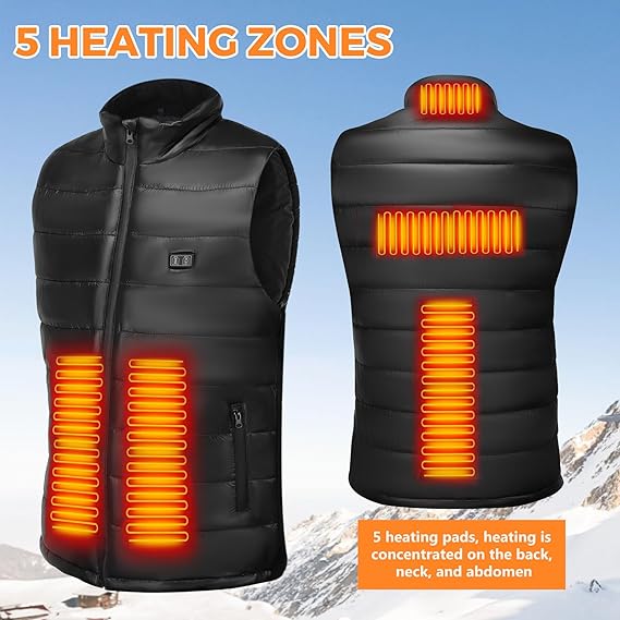 Geegear Men's Heated Vest, Electric Heated Gilet with 5 Heating Zones Lightweight USB Winter Body Warm Jacket Waterproof Vest for Outdoor Hunting Hunting Fishing (Battery Not Included)