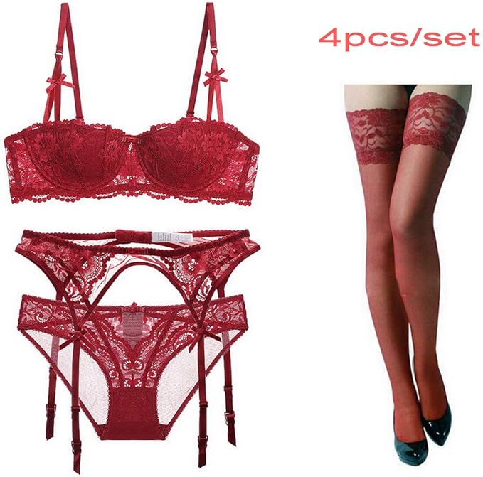 Bluewhalebaby Sexy Lingerie for Women Push up Lace Bra and Sheer Knicker Underwear with Suspender Garter Belt for Thigh High Stocking Set Red with garter belt 40C