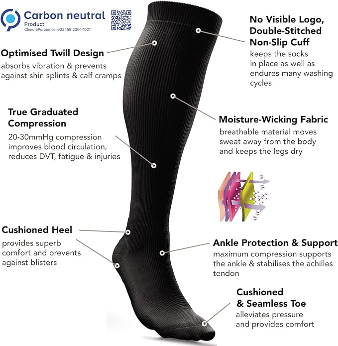 aZengear Compression Socks (20-30mmHg) Anti DVT Air Flying Knee-High Flight Travel Stockings, Swollen Legs, Varicose Veins, Running, Shin Splints Calf Pressure Support, Sports