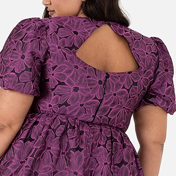 Lovedrobe Womens Ladies Plus Size Dress Curve Skater Midi Back Keyhole Short Sleeves Floral Flowers Crew Neck High Waist A-line Size 16