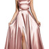 MisShow Women's Elegant Sleeveless Bridesmaid Dress,Satin Sheer Back A line Lace Sleeveless Round Neck Maxi Slit Wedding Guest Dress Dark Rose L