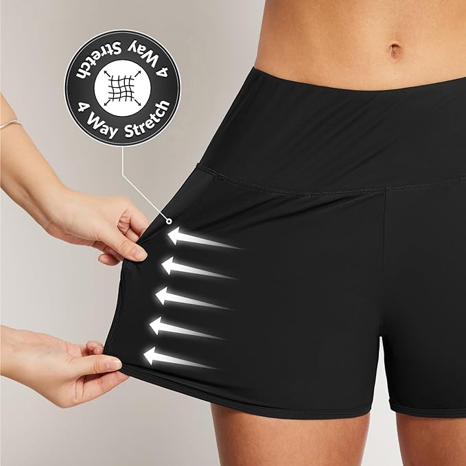 BALEAF Swim Shorts Womens Tummy Control High Waisted Swimming Board Shorts with Pockets Liner Quick Dry 3'' UPF 50+