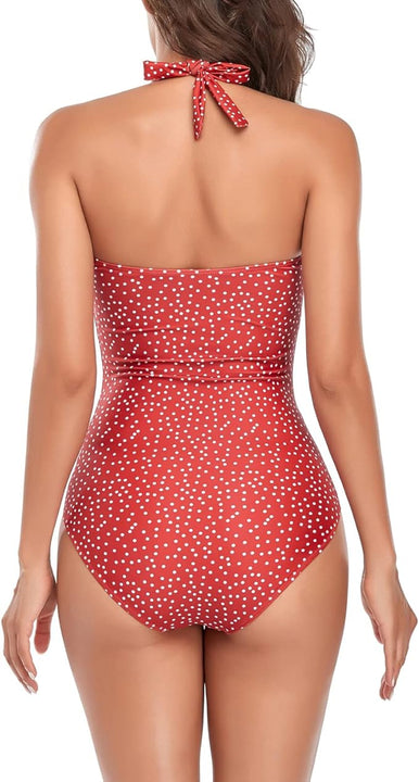 Smismivo Tummy Control Swimwear One Piece Modest Swimming Costume Women Ladies Full Body Vintage Retro Halter Neck Swimsuit Plus Size Push Up Padded Bathing Suit Red Polka Dot, L