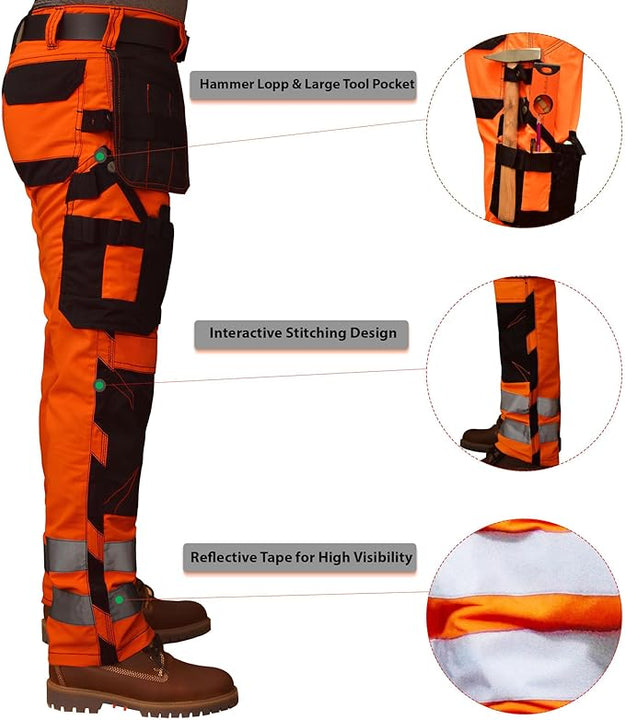 ZS7 Hi Vis Work Trousers Men Durable Polycotton Fabric Multiple Pockets Work Utility & Safety Trousers Reflective Tape High Visibility Work Pants (UK, Waist & Inseam, 38W 34L, Orange)