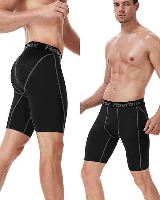 Roadbox Compression Shorts Mens 2 Pack with Pockets, Sports Underwear Quick-Dry Base Layer Shorts, for Running, Gym, Cycling, Rugby Black, XXL