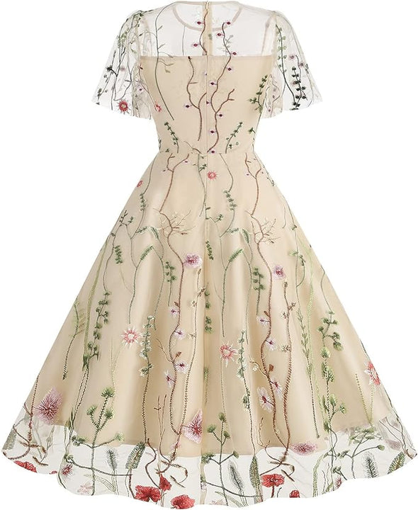 Odizli Cocktail Dress Women's Elegant Vintage Sleeveless Embroidered Knee-Length Dress Festive Wedding Short Evening Dress, Apricot #3, M
