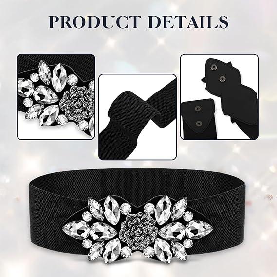 Amaxiu Elastic Rhinestone Wide Waist Belt, Stretchy Crystal Thick Belts Vintage Flower Waistband Waist Accessories for Women Dress