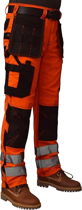 ZS7 Hi Vis Work Trousers Men Durable Polycotton Fabric Multiple Pockets Work Utility & Safety Trousers Reflective Tape High Visibility Work Pants (UK, Waist & Inseam, 38W 34L, Orange)