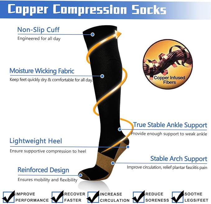 Ikfashoni 2 Pairs Copper Compression Socks for Women & Men, Medical Compression Stockings Graduated 15-20mmHg Knee Height, Suitable for Flight Travel, Competitive Sports Running, Pregnancy Nurse