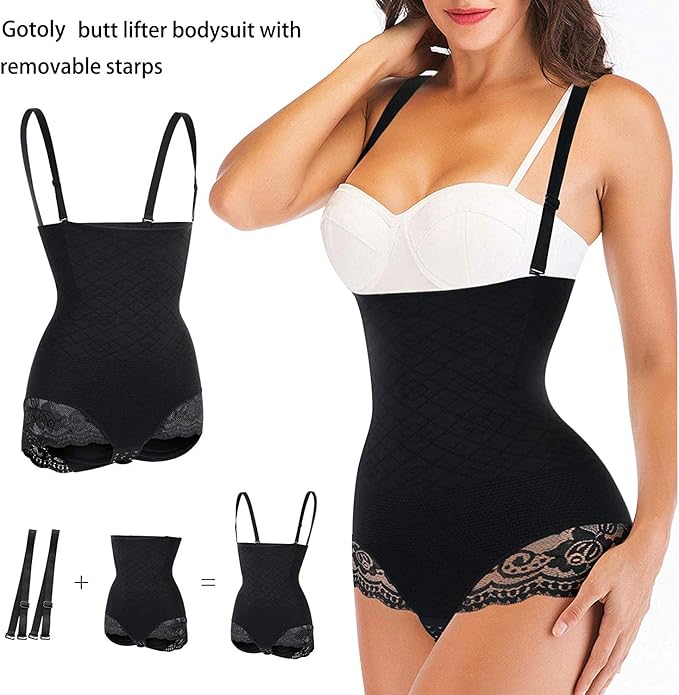 Gotoly Women Seamless Bodysuit Thong Butt Lifter Shapewear High Waist Trainer Panty Tummy Firm Control Body Shaper with Removable Straps (Black, X-Large - XX-Large)